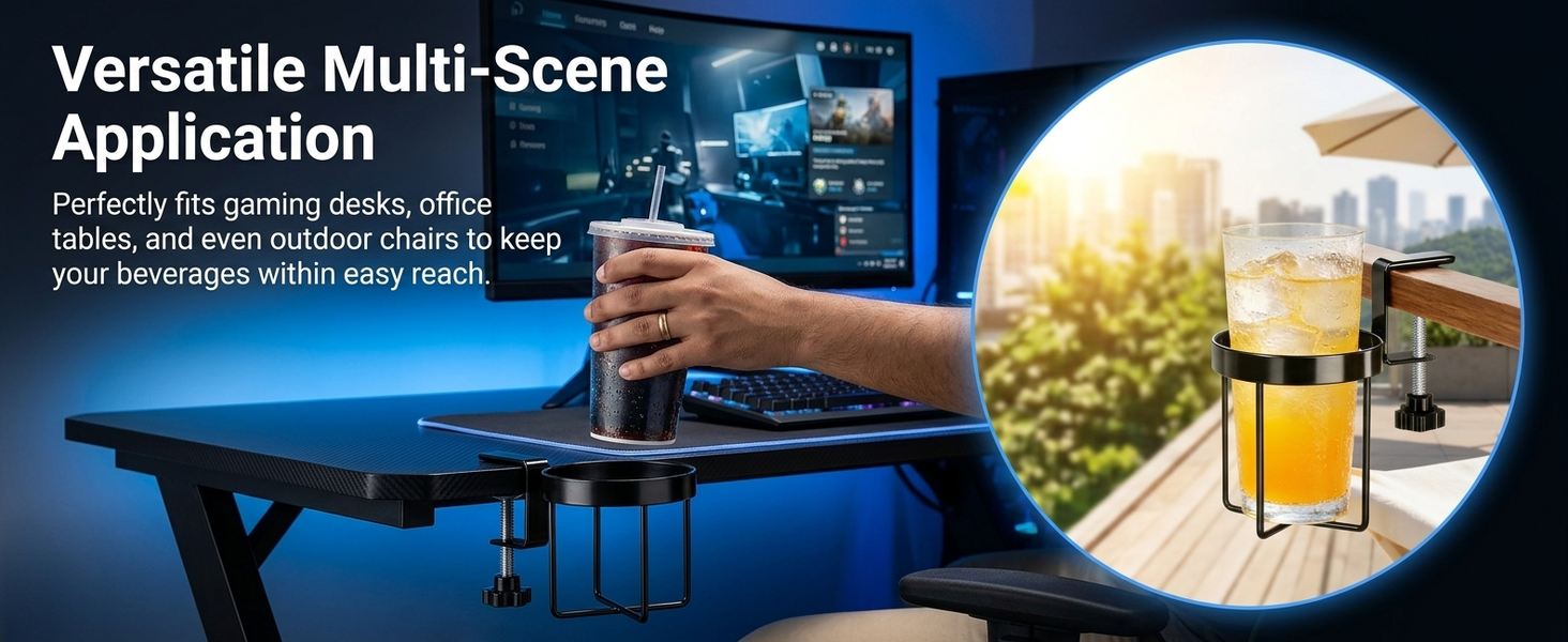 HASTHIP Adjustable Clamp-On Desk Cup Holder with Threaded Fit for Surfaces Up to 1.7 Inches Thick
