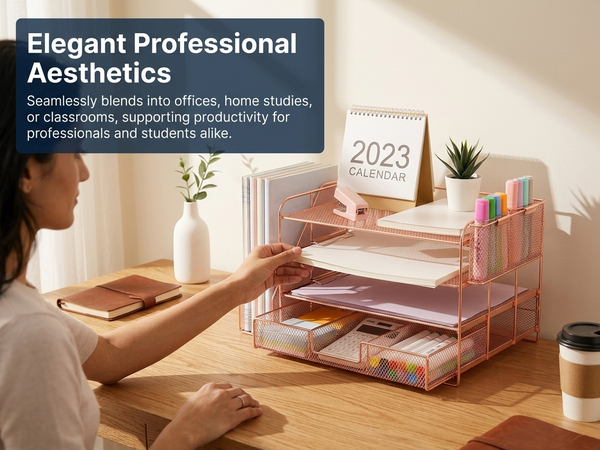 HASTHIP 4-Tier Desk Organizer with Metal Mesh File Holder, Trays, Pen Compartments and Drawer