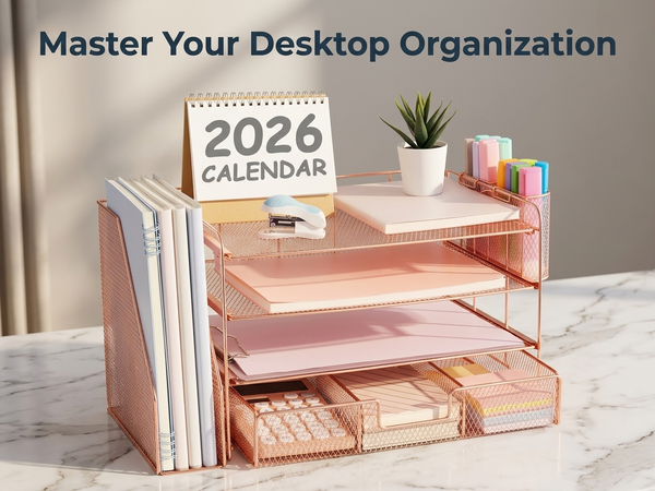 HASTHIP 4-Tier Desk Organizer with Metal Mesh File Holder, Trays, Pen Compartments and Drawer