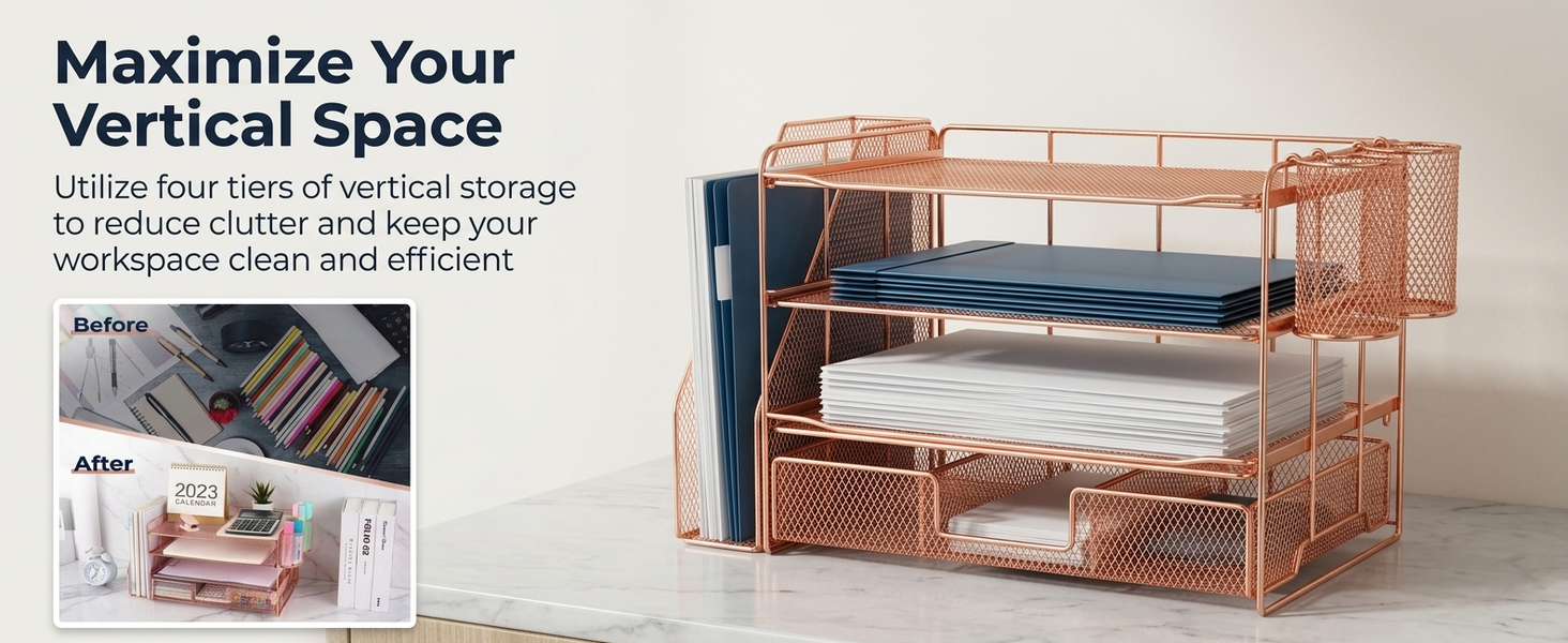 HASTHIP 4-Tier Desk Organizer with Metal Mesh File Holder, Trays, Pen Compartments and Drawer