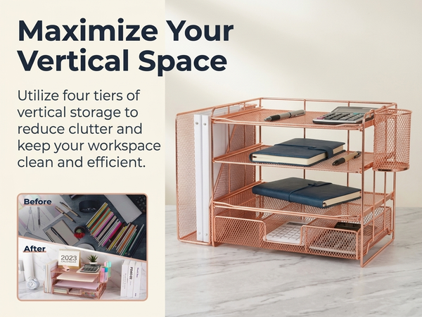 HASTHIP 4-Tier Desk Organizer with Metal Mesh File Holder, Trays, Pen Compartments and Drawer