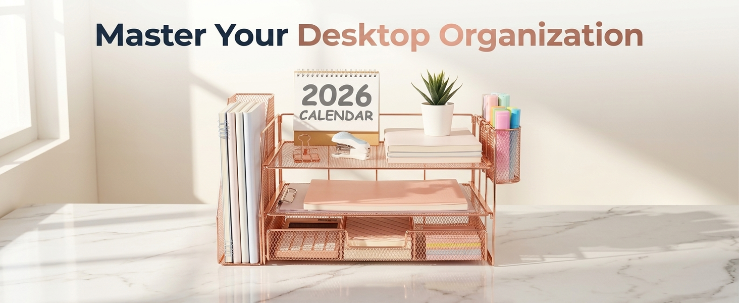 HASTHIP 4-Tier Desk Organizer with Metal Mesh File Holder, Trays, Pen Compartments and Drawer