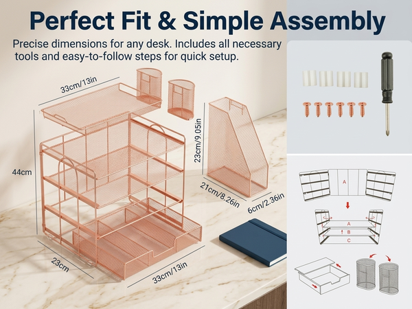 HASTHIP 4-Tier Desk Organizer with Metal Mesh File Holder, Trays, Pen Compartments and Drawer