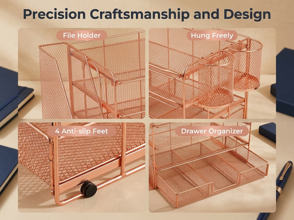 HASTHIP 4-Tier Desk Organizer with Metal Mesh File Holder, Trays, Pen Compartments and Drawer