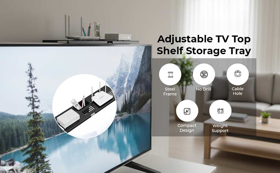 HASTHIP Adjustable Steel TV Top Shelf with Storage Box and No-Drill Mounting, Black Finish