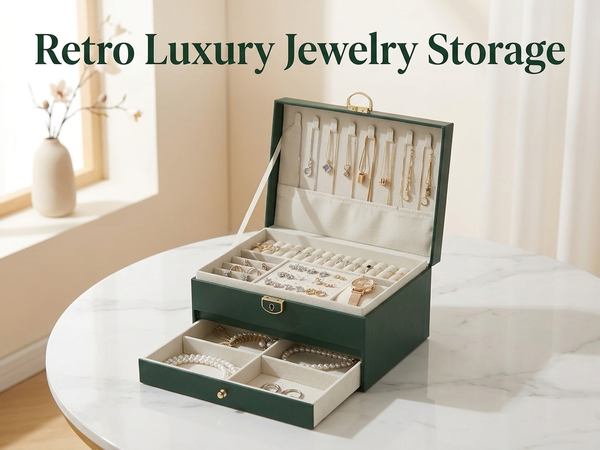 HASTHIP Three-Layer Jewelry Organizer with Multiple Compartments in Durable Synthetic Leather