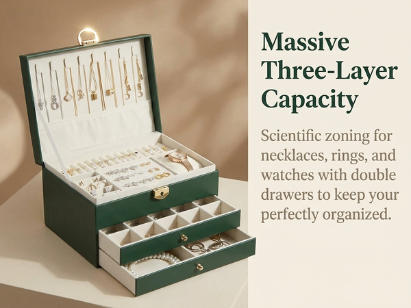 HASTHIP Three-Layer Jewelry Organizer with Multiple Compartments in Durable Synthetic Leather