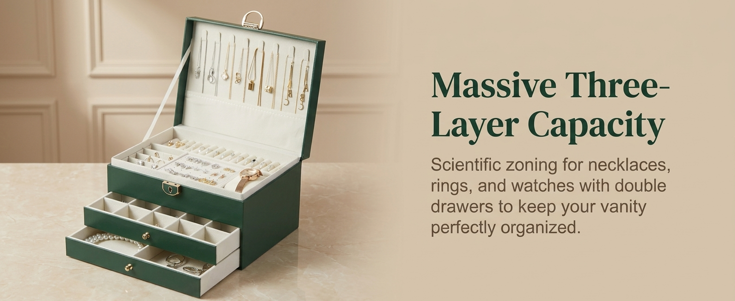 HASTHIP Three-Layer Jewelry Organizer with Multiple Compartments in Durable Synthetic Leather