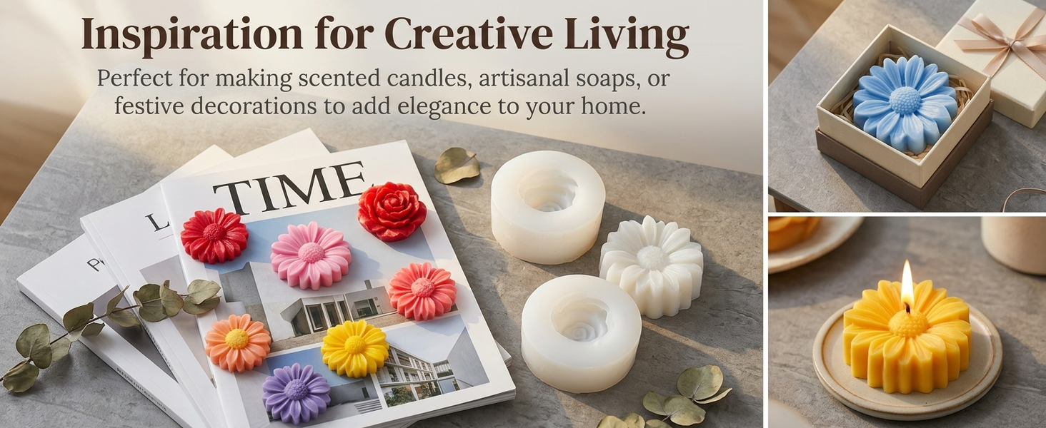 HASTHIP 4-Piece Silicone Candle Mould Set with 3D Flower Shapes for DIY Crafts and Soap