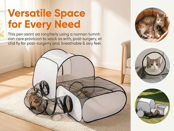 Qpets Foldable Cat Playpen with Detachable Surround Tunnel, Breathable Mesh and Carry Bag