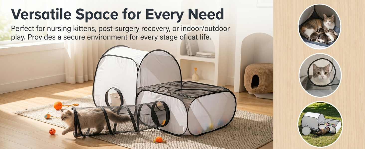 Qpets Foldable Cat Playpen with Detachable Surround Tunnel, Breathable Mesh and Carry Bag
