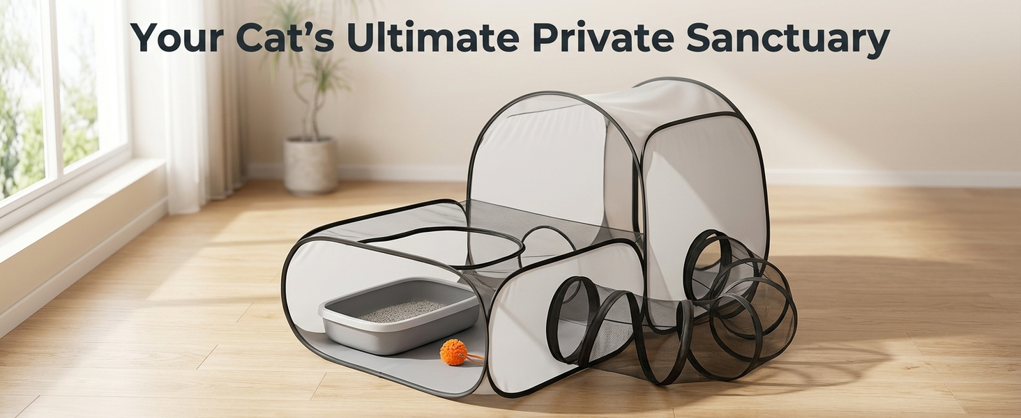 Qpets Foldable Cat Playpen with Detachable Surround Tunnel, Breathable Mesh and Carry Bag