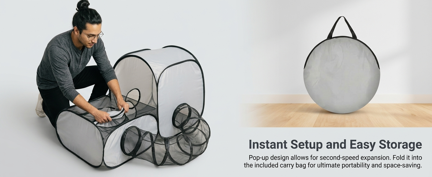 Qpets Foldable Cat Playpen with Detachable Surround Tunnel, Breathable Mesh and Carry Bag