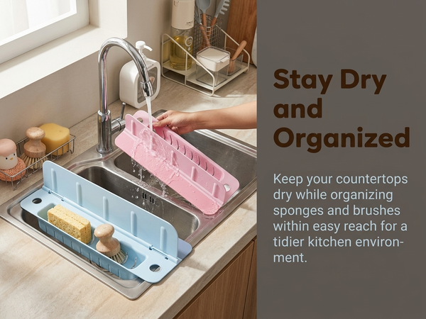 HASTHIP Silicone Kitchen Sink Splash Guard with Detachable Baffle and Draining Storage Basket