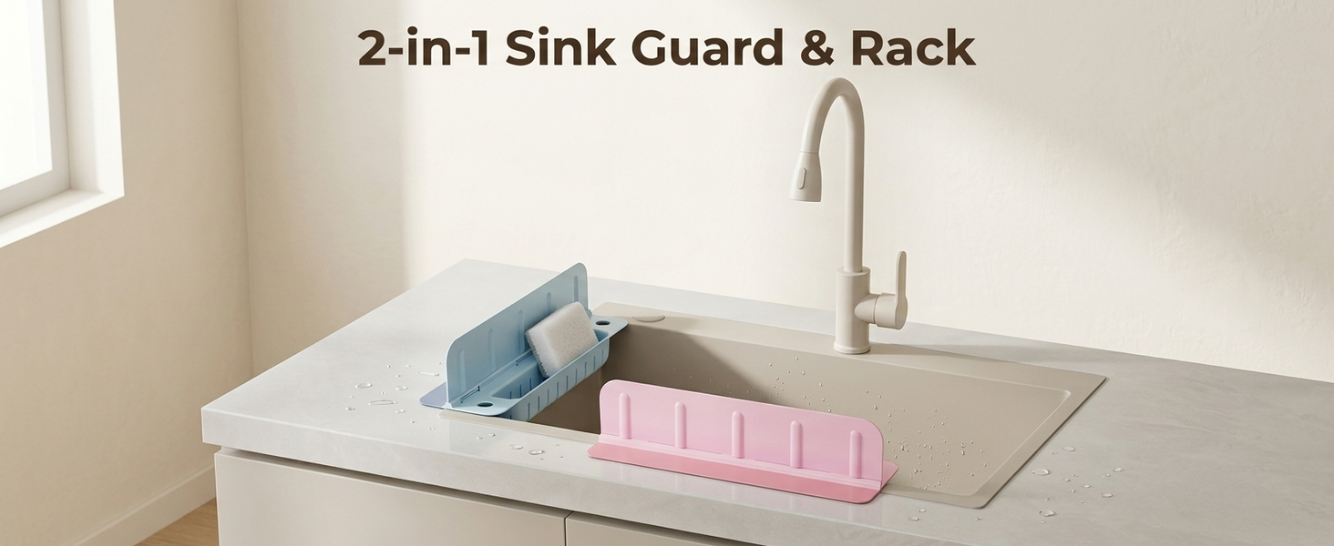 HASTHIP Silicone Kitchen Sink Splash Guard with Detachable Baffle and Draining Storage Basket