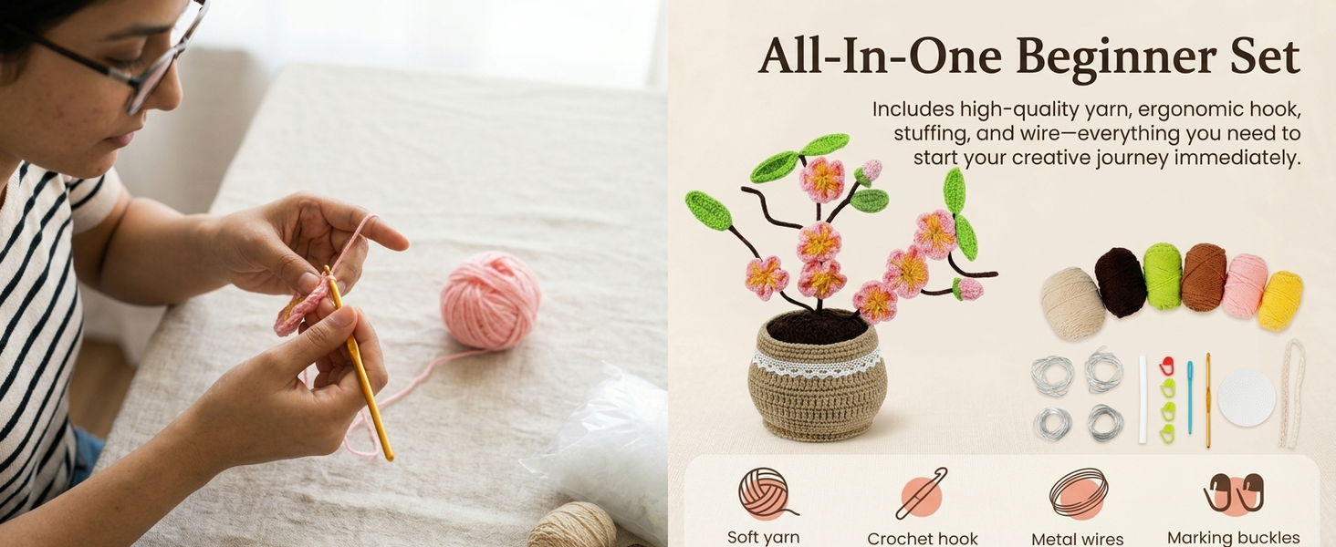 HASTHIP Beginner Peach Blossom Crochet Flower Kit with Soft Yarn, Hook, Needle and Video Tutorials