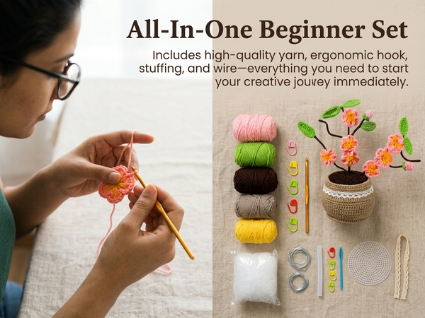HASTHIP Beginner Peach Blossom Crochet Flower Kit with Soft Yarn, Hook, Needle and Video Tutorials