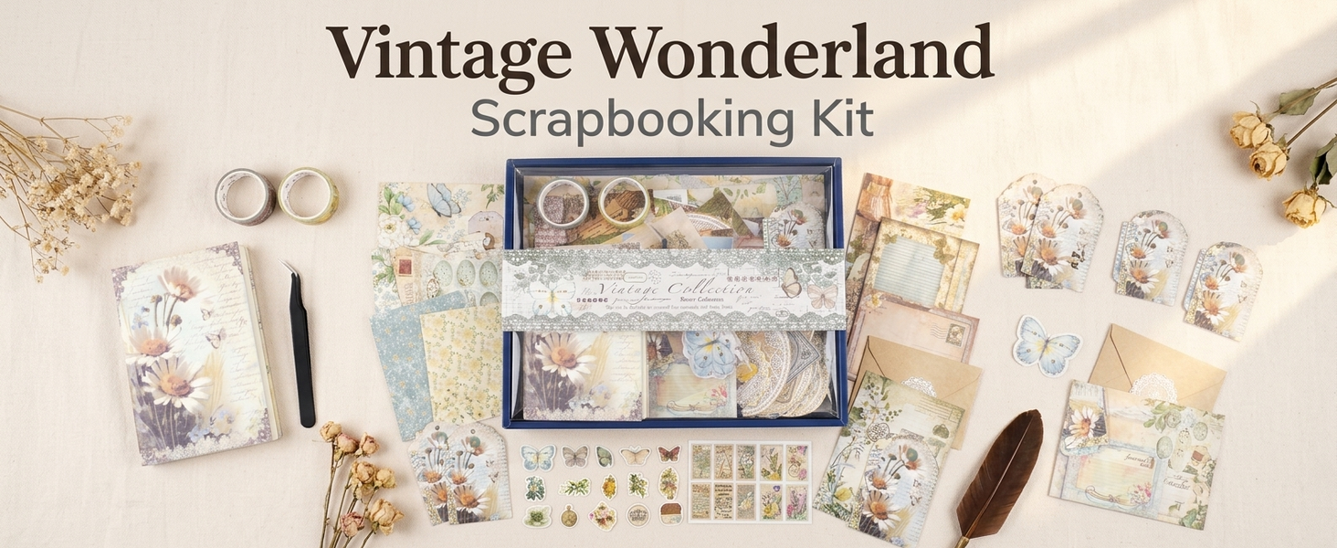 HASTHIP Vintage Wonderland Scrapbooking Kit with A6 Journal, Stickers, Papers and Tweezers