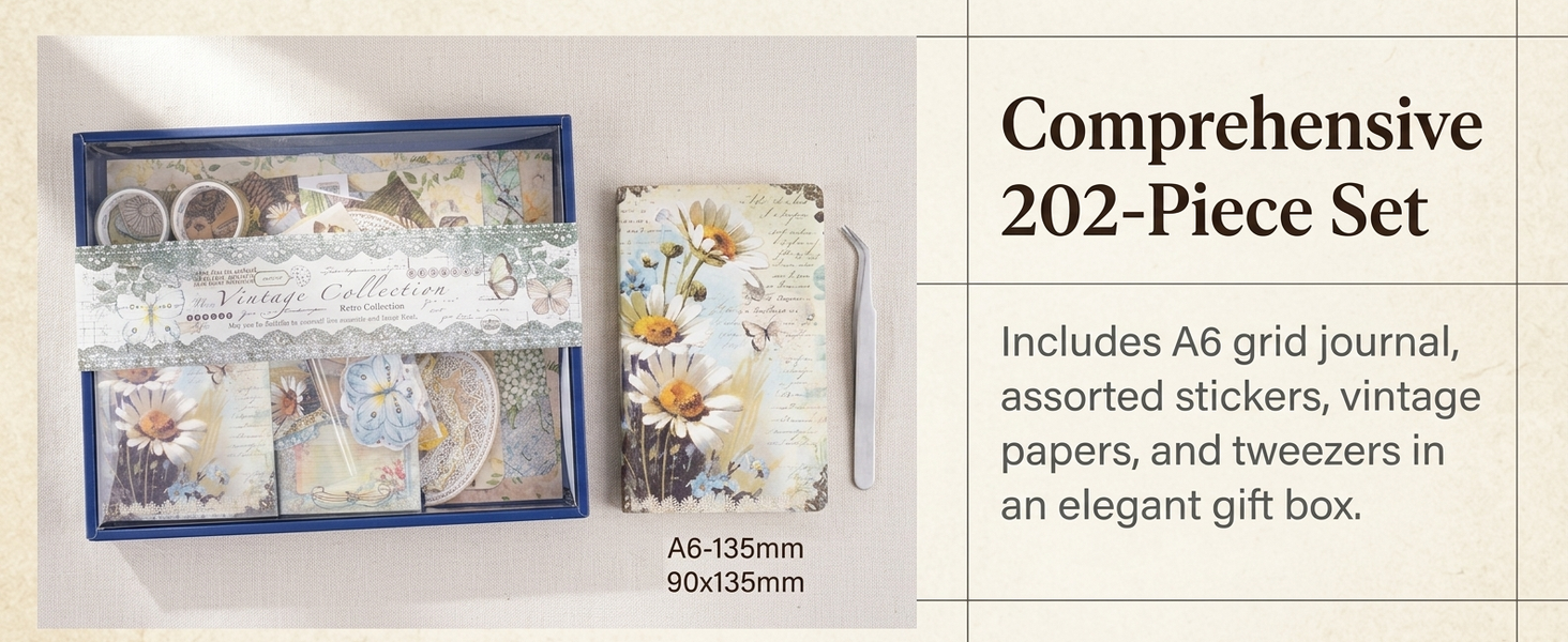 HASTHIP Vintage Wonderland Scrapbooking Kit with A6 Journal, Stickers, Papers and Tweezers