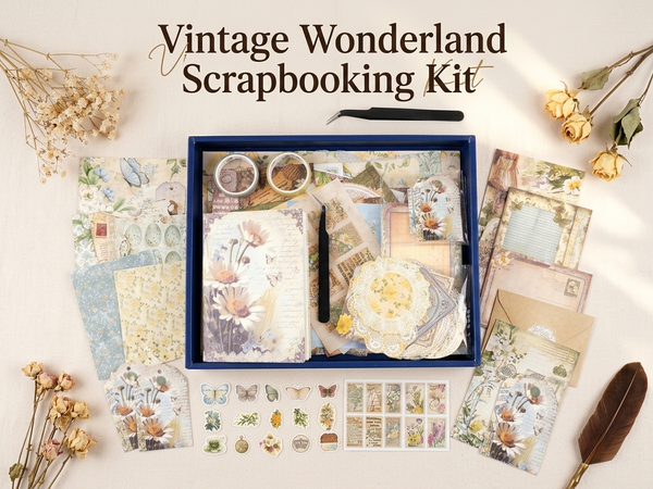 HASTHIP Vintage Wonderland Scrapbooking Kit with A6 Journal, Stickers, Papers and Tweezers