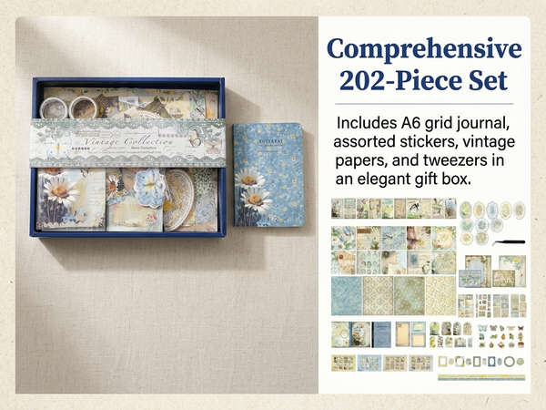 HASTHIP Vintage Wonderland Scrapbooking Kit with A6 Journal, Stickers, Papers and Tweezers