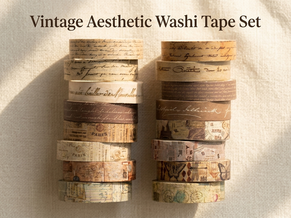HASTHIP 16 Rolls Vintage Washi Tape Set with Handwritten Antique Patterns for Journals and Crafts
