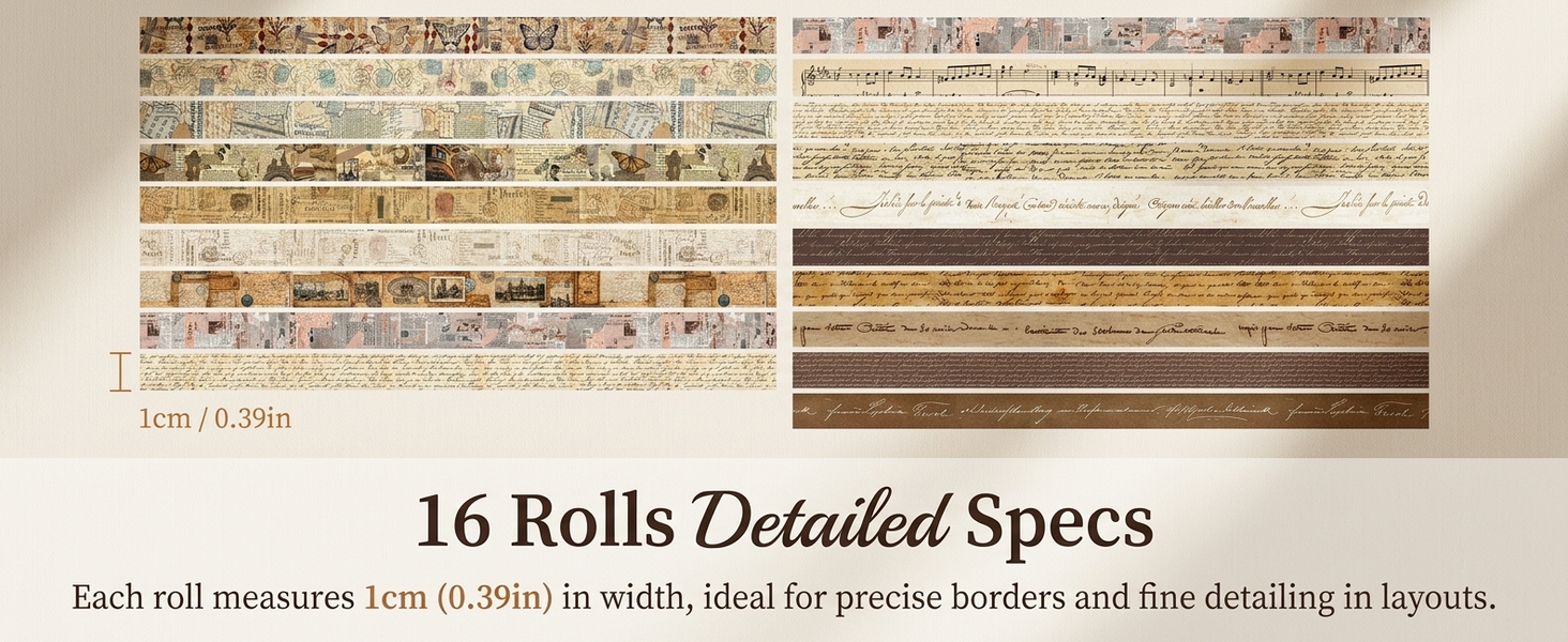 HASTHIP 16 Rolls Vintage Washi Tape Set with Handwritten Antique Patterns for Journals and Crafts