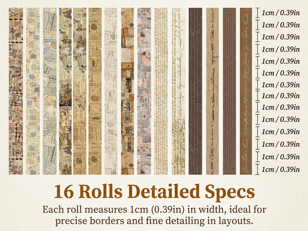 HASTHIP 16 Rolls Vintage Washi Tape Set with Handwritten Antique Patterns for Journals and Crafts
