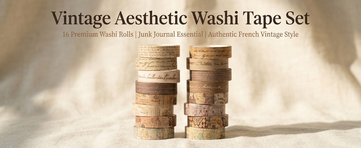 HASTHIP 16 Rolls Vintage Washi Tape Set with Handwritten Antique Patterns for Journals and Crafts