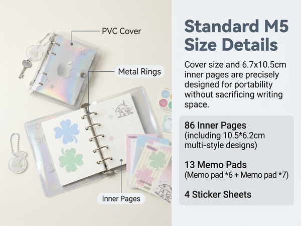 HASTHIP M5 Refillable Five-Hole Planner Binder with Silvery Transparent Cover and DIY Pages
