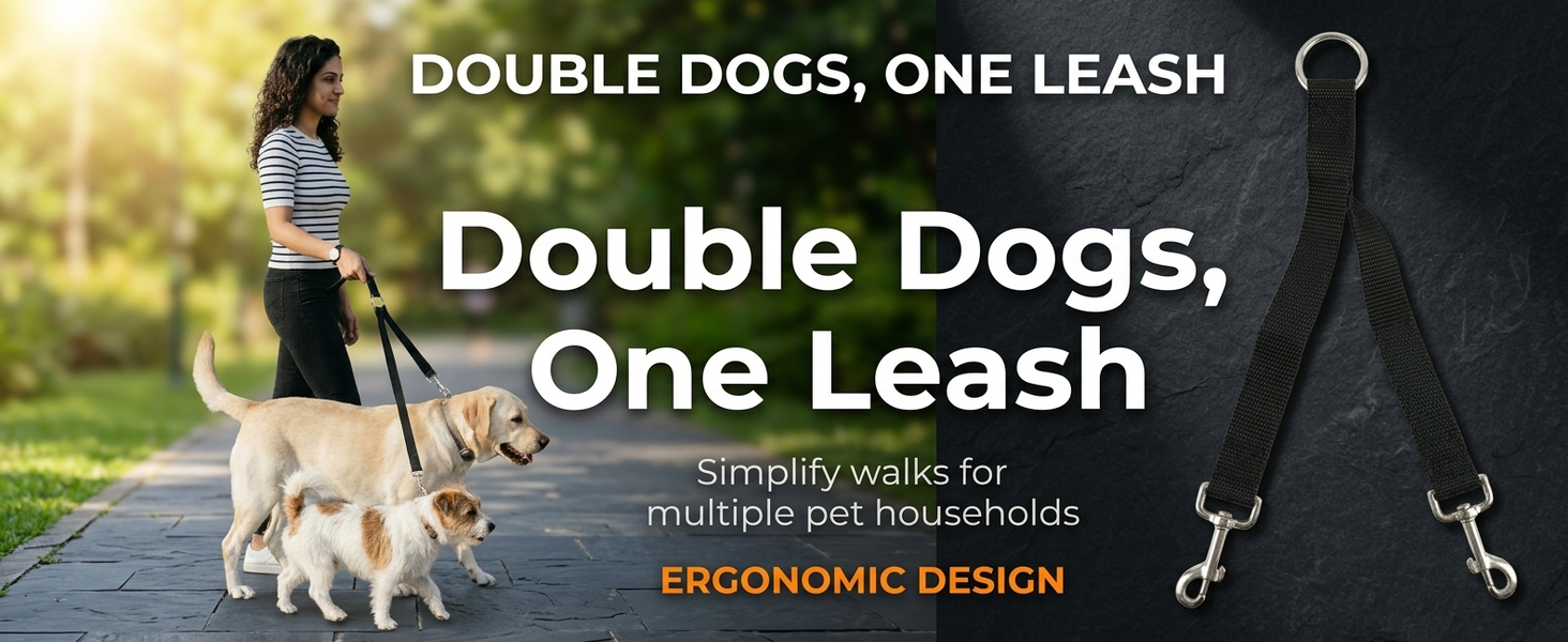 Qpets Double Dog Leash Split Lead with No-Tangle Swivel, Adjustable Length and Reflective Stitching