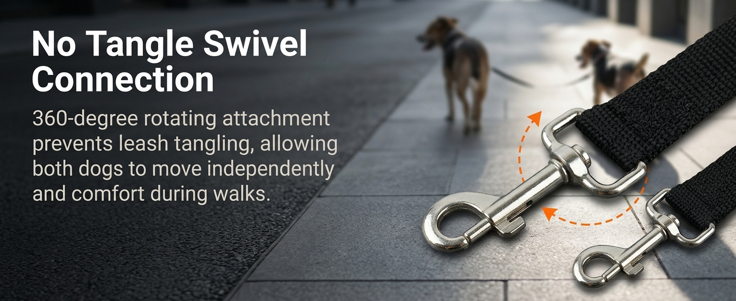 Qpets Double Dog Leash Split Lead with No-Tangle Swivel, Adjustable Length and Reflective Stitching