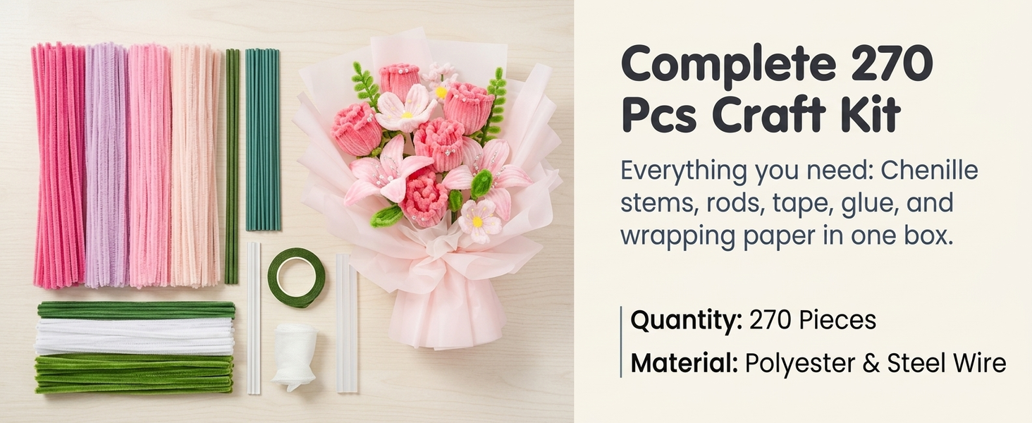 HASTHIP 270-Piece Chenille Stem Flower Craft Kit for DIY Bouquets and Handmade Floral Designs