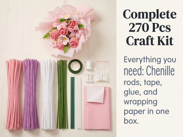 HASTHIP 270-Piece Chenille Stem Flower Craft Kit for DIY Bouquets and Handmade Floral Designs