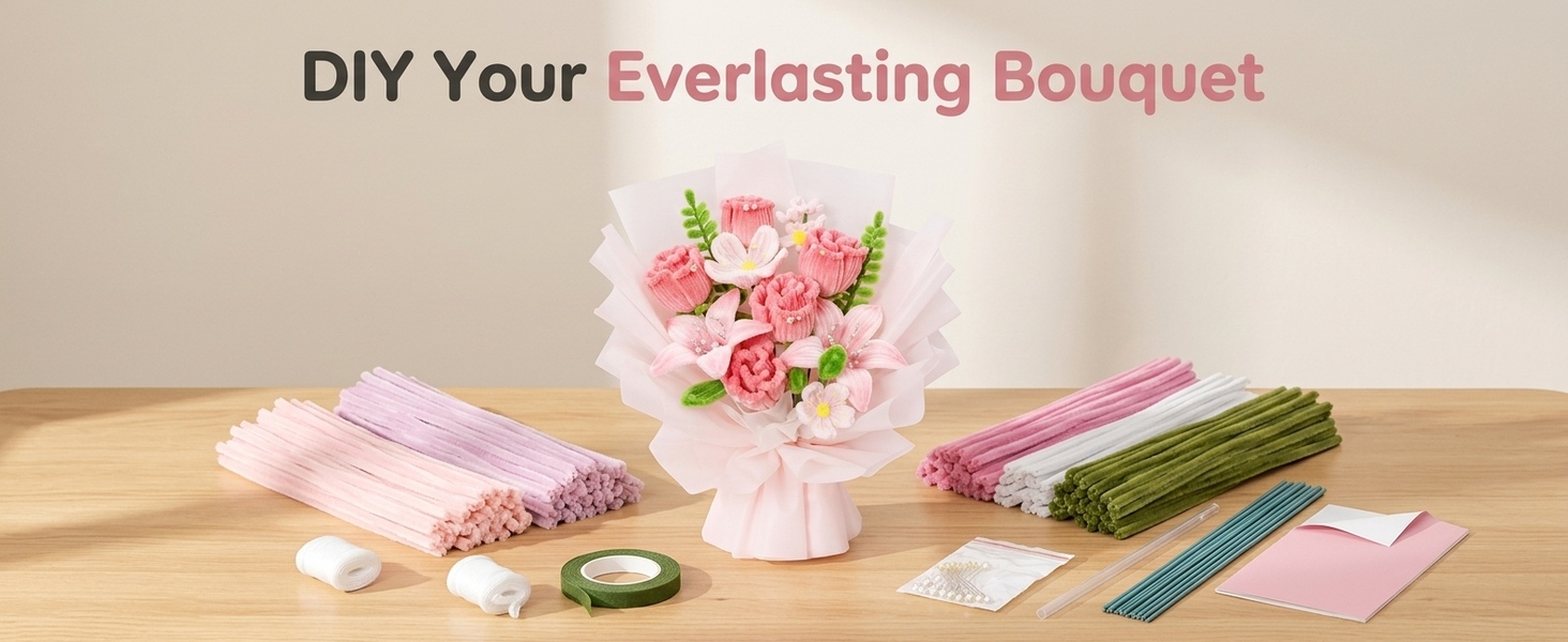 HASTHIP 270-Piece Chenille Stem Flower Craft Kit for DIY Bouquets and Handmade Floral Designs