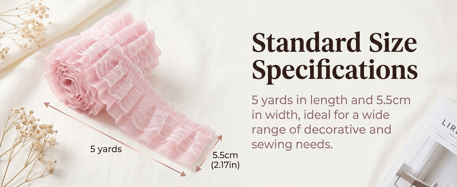 HASTHIP Pleated Chiffon Lace Trim, Double-Layer Tulle Ribbon, 5.5cm Wide for Sewing Crafts