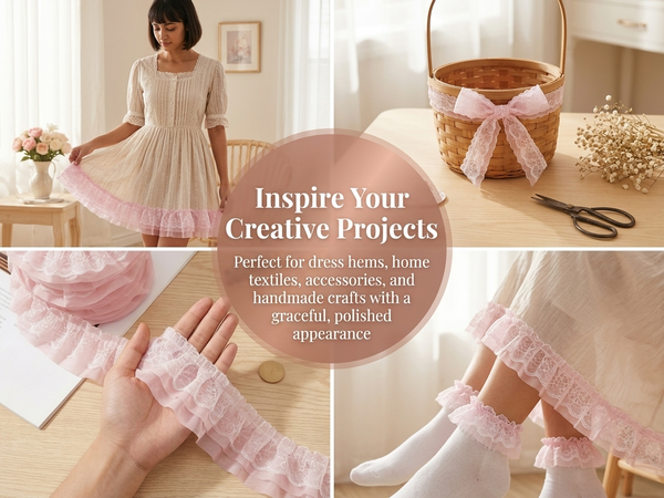 HASTHIP Pleated Chiffon Lace Trim, Double-Layer Tulle Ribbon, 5.5cm Wide for Sewing Crafts