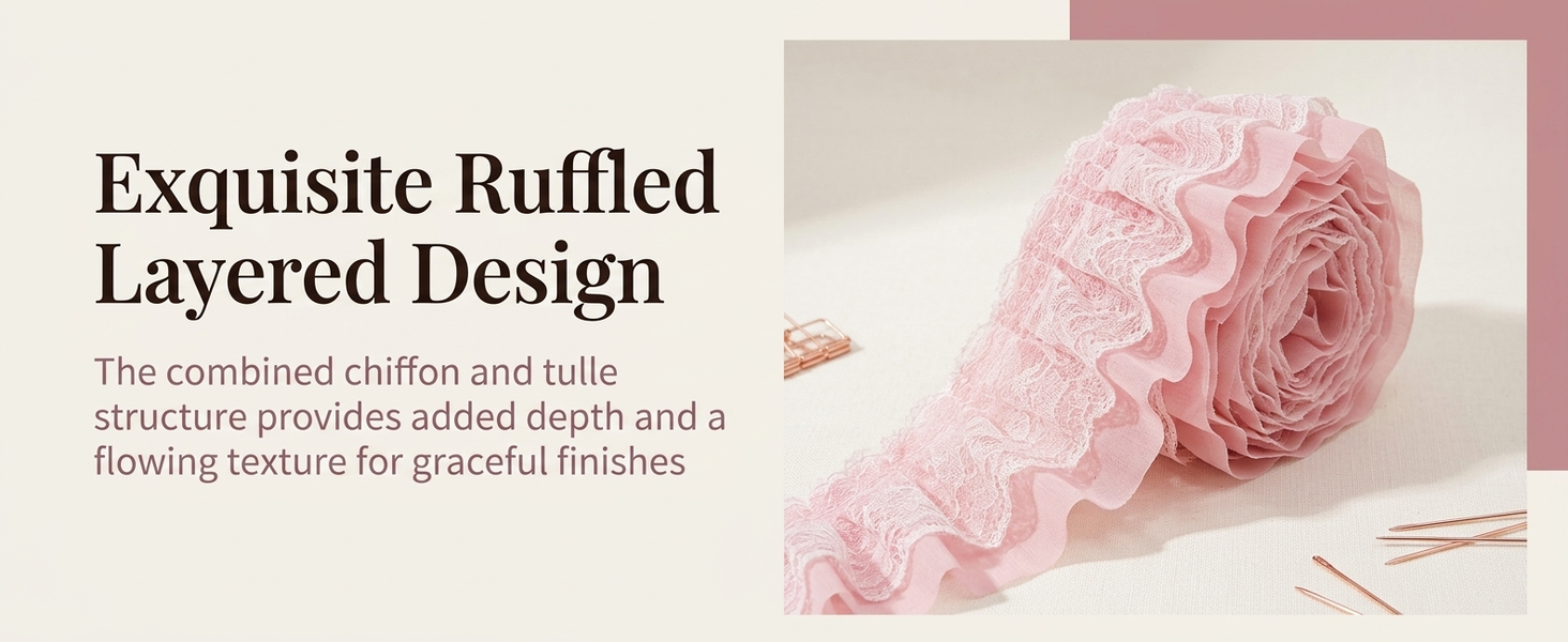 HASTHIP Pleated Chiffon Lace Trim, Double-Layer Tulle Ribbon, 5.5cm Wide for Sewing Crafts
