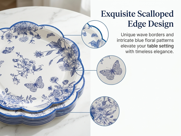 HASTHIP 24 Pack Blue Floral Paper Placemats with Scalloped Edges for Parties and Daily Dining