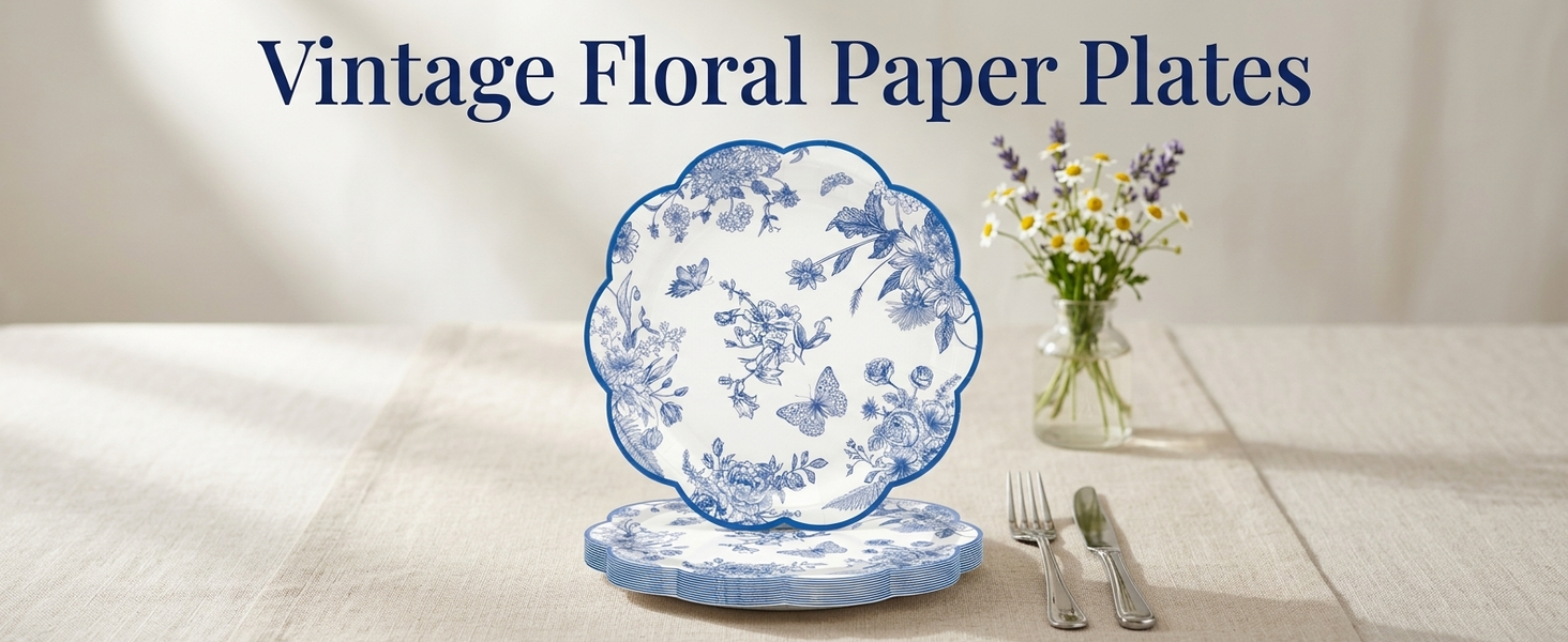 HASTHIP 24 Pack Blue Floral Paper Placemats with Scalloped Edges for Parties and Daily Dining