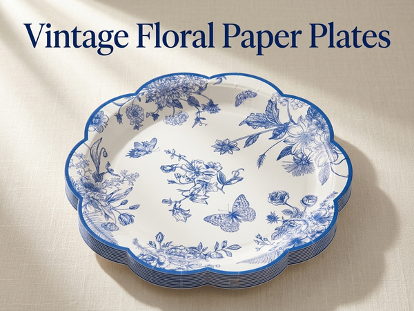 HASTHIP 24 Pack Blue Floral Paper Placemats with Scalloped Edges for Parties and Daily Dining