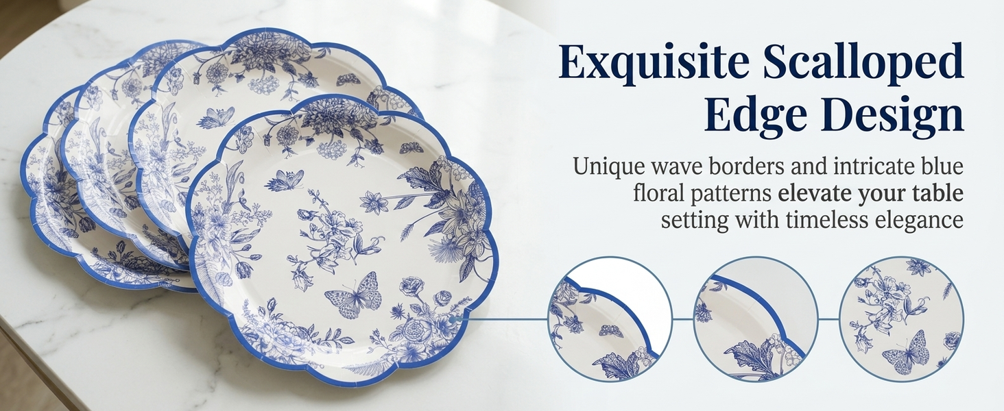 HASTHIP 24 Pack Blue Floral Paper Placemats with Scalloped Edges for Parties and Daily Dining
