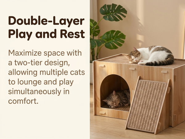 Qpets Wooden Cat House with Enclosed Hideaway, Dual Scratch Stations and Climbing Ramp