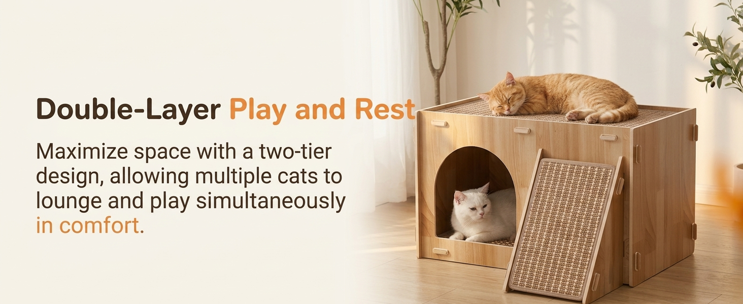 Qpets Wooden Cat House with Enclosed Hideaway, Dual Scratch Stations and Climbing Ramp