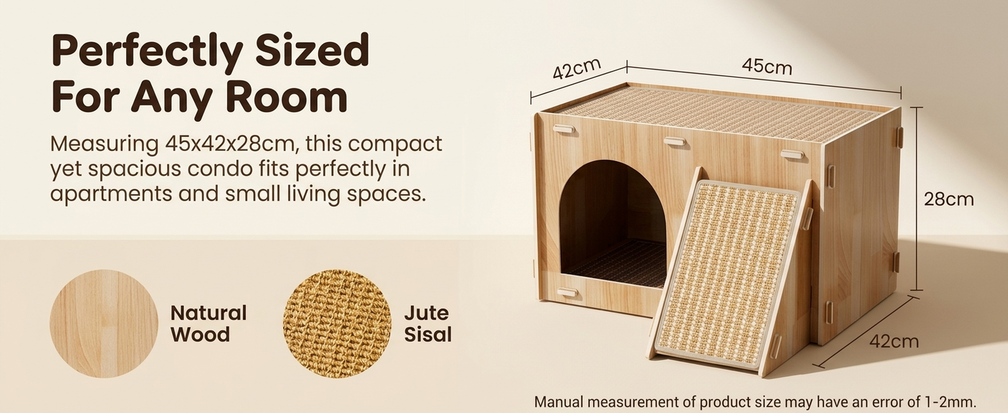 Qpets Wooden Cat House with Enclosed Hideaway, Dual Scratch Stations and Climbing Ramp