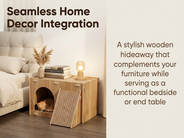 Qpets Wooden Cat House with Enclosed Hideaway, Dual Scratch Stations and Climbing Ramp