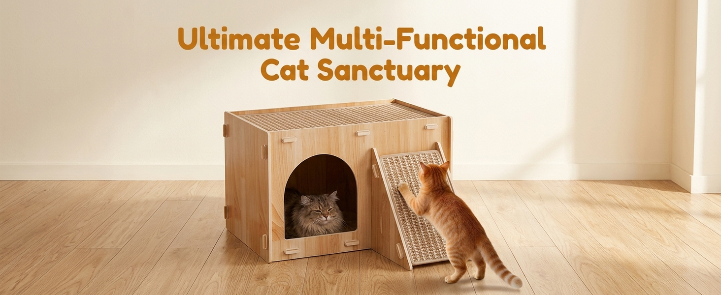 Qpets Wooden Cat House with Enclosed Hideaway, Dual Scratch Stations and Climbing Ramp