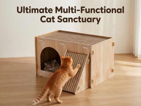 Qpets Wooden Cat House with Enclosed Hideaway, Dual Scratch Stations and Climbing Ramp