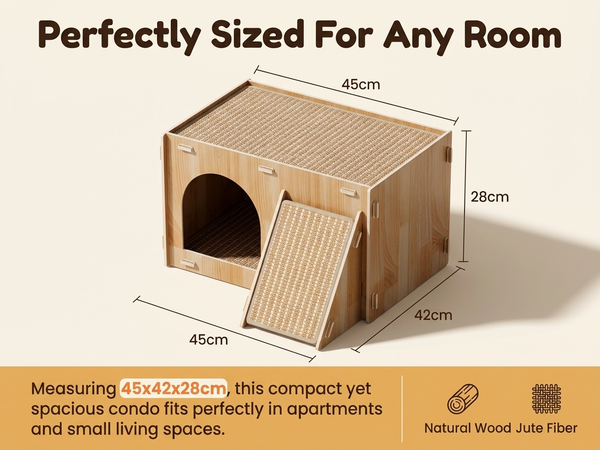 Qpets Wooden Cat House with Enclosed Hideaway, Dual Scratch Stations and Climbing Ramp