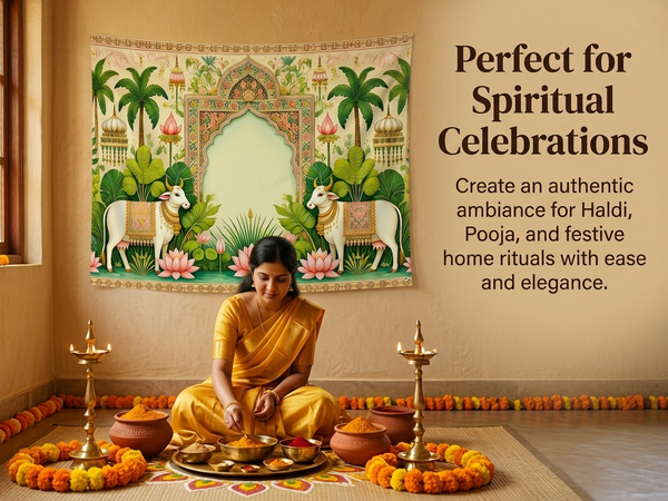 HASTHIP Floral Polyester Backdrop Cloth with Traditional Arch and Lotus Print for Ceremonies